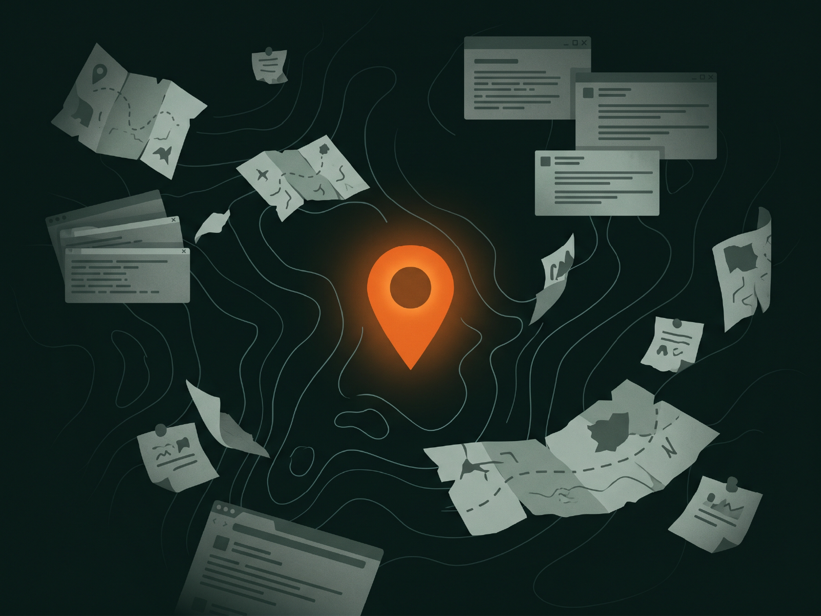Scattered information sources converging into one map pin